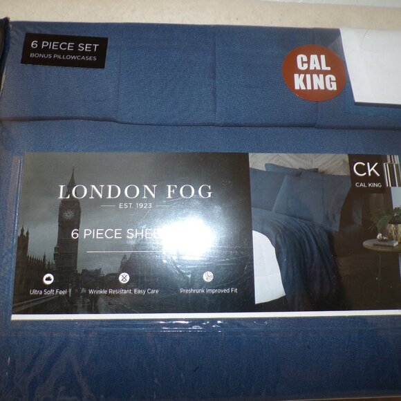 6-pc London Fog CAL KING Sheet Set Blue (2 extra pillowcases) - Picture 2 of 5